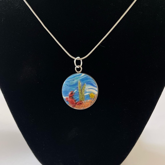 Unique design-Silver bezel Ocean/crab Polymer clay Necklace- 20” long chain - Picture 4 of 4